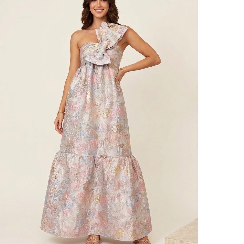 Petal&Pup Floral Jacquard One Shoulder Maxi Dress with Bow  in Pink Blue Gold S
